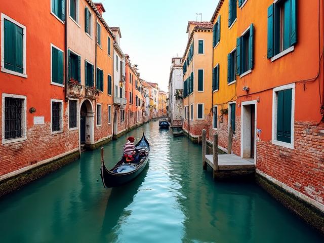 Canale a Venezia con gondola e case colorate