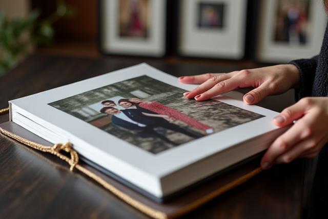 Mani che sfogliano un elegante fotolibro personalizzato