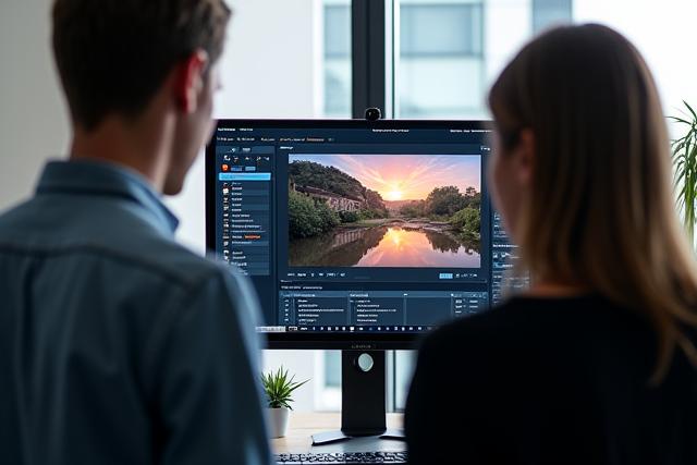 Fotografo che insegna tecniche di editing su laptop a uno studente